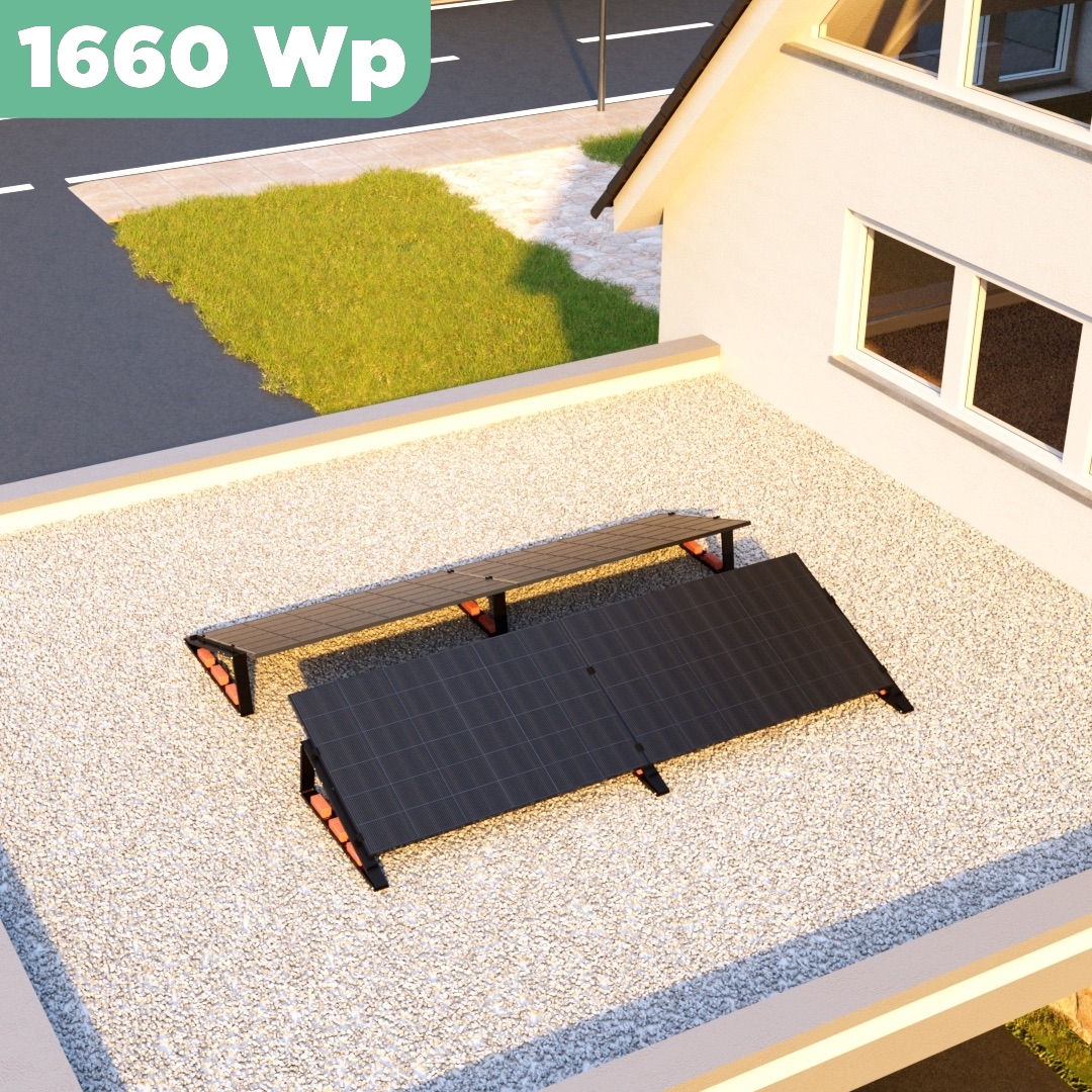 Balkonkraftwerk Flachdach 1660 Wp — APsystems EZ1-M 800 W / Trina Solar / 415 Wp (Full Black, Glas-Folie) / Black Line / zwei Reihen quer / 4 Module / 5 m