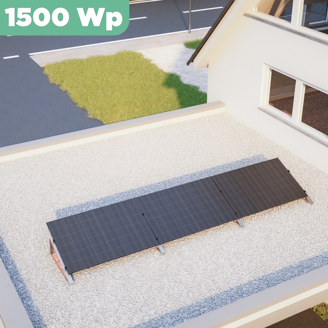 Balkonkraftwerk Flachdach 1500 Wp — APsystems EZ1-M 800 W / Trina Solar / 500 Wp (Glas-Glas) / Standard / eine Reihe quer / 3 Module / 10 m