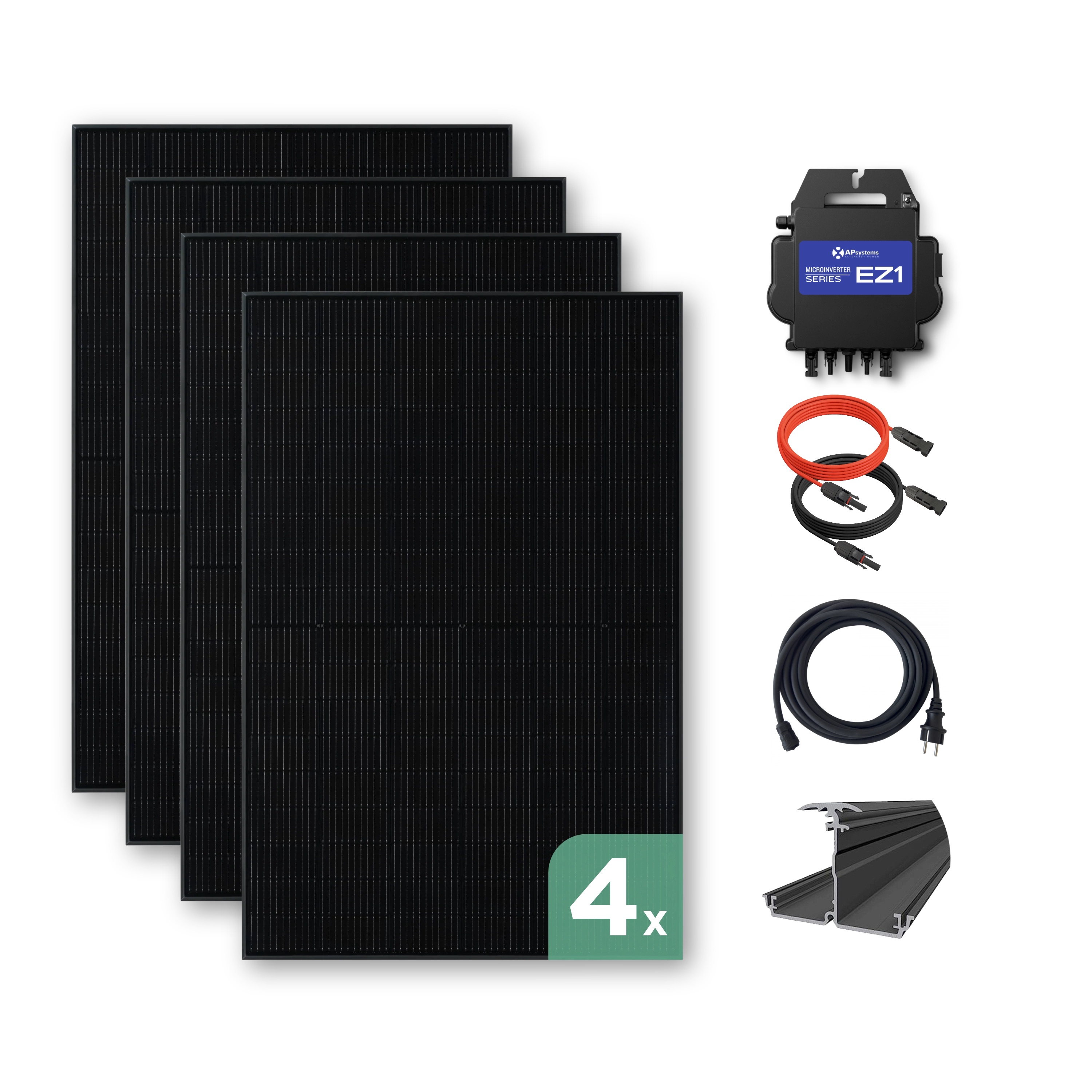 Balkonkraftwerk Ziegeldach 1720 Wp — APsystems EZ1-M 800 WTrina Solar / 430 Wp (Glas-Glas + Bifazial) / Premium Halterung / eine Reihe hochkant / 4 Module Balkonkraftwerk Wand 1760 Wp — APsystems EZ1-M 800 W / Trina Solar / 440 Wp (Glas-Glas + Bifazial) / zwei Reihen quer / 4 Module / 20 m