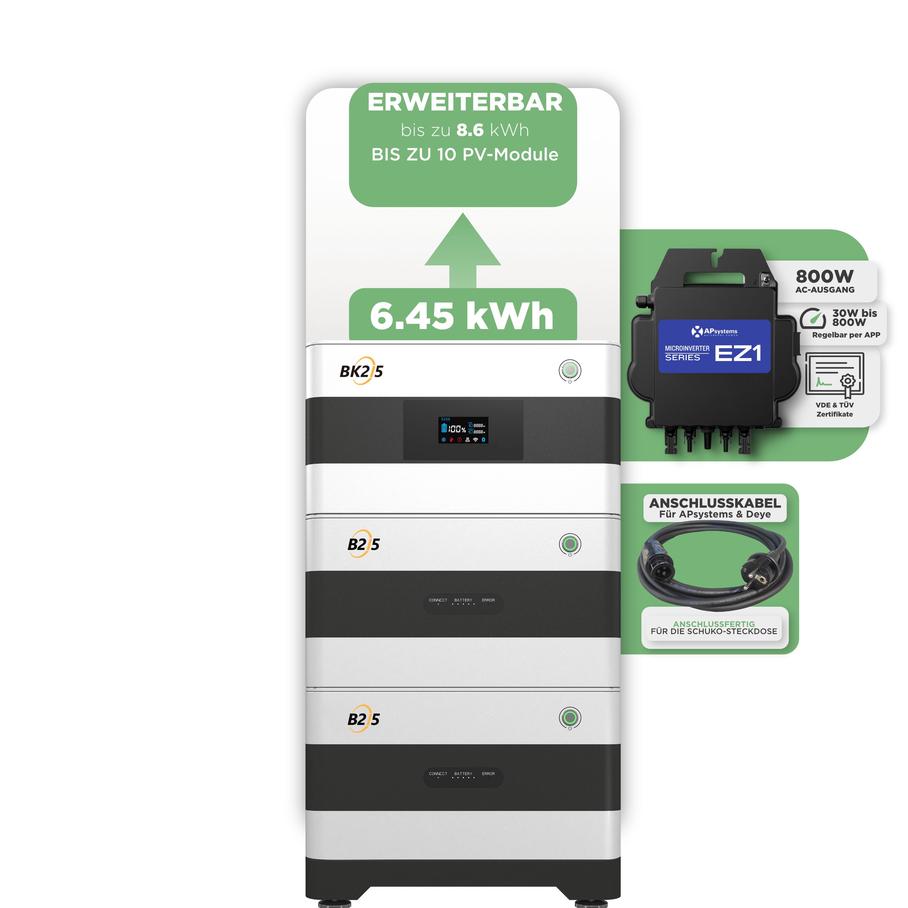 SunEnergyXT Balkonkraftwerkspeicher — 6.450 Wh / 800 W (Apsystems EZ1-M) / 20 m Schuko Kabel