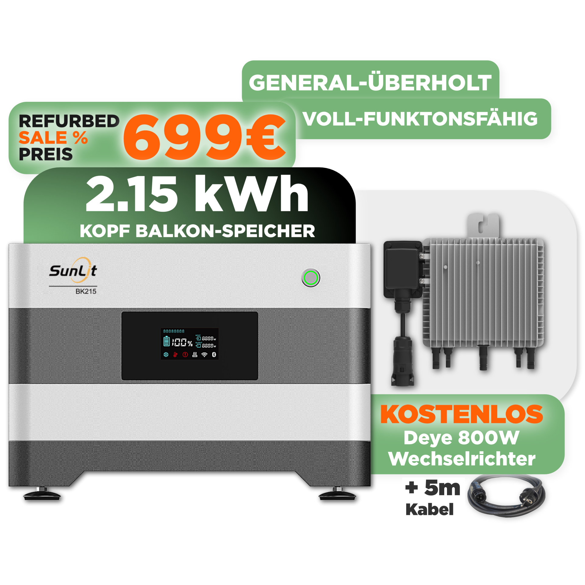 SunLit BK215 2.150 Wh Kopfspeicher für SunLit Balkonkraftwerk-Speicher (Refurbished)  — mit gratis Deye 800 W Wechselrichter und 5 m Schuko Kabel SunLit BK215 2.150 Wh Kopfspeicher für SunLit Balkonkraftwerk-Speicher (Refurbished)  — mit gratis Deye 800 W Wechselrichter und 5 m Schuko Kabel