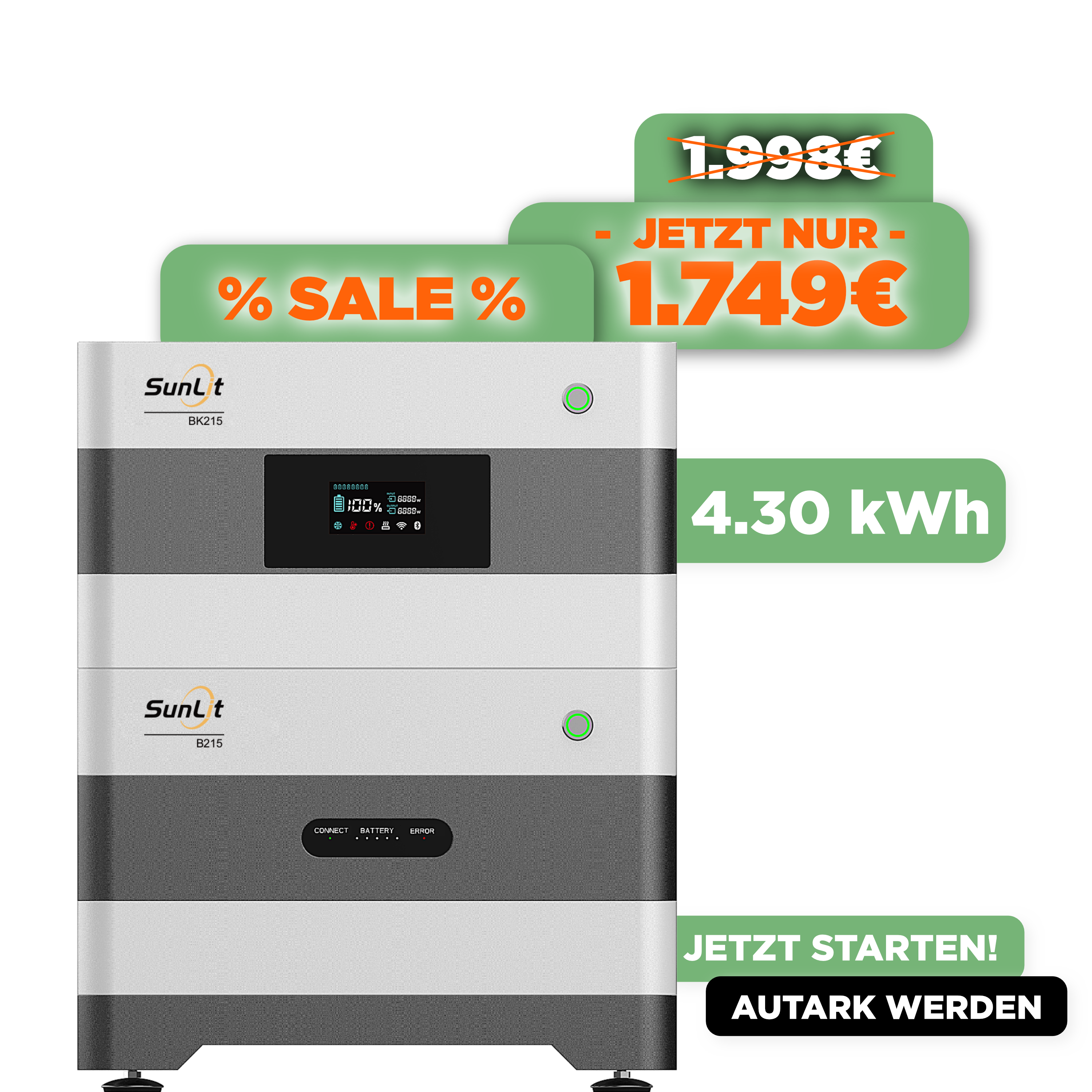 Sunlit DUO Frühlingsset SPEZIALPREIS — SunLit Speicher 4.300 Wh (1 x BK215 + 1 x B215)