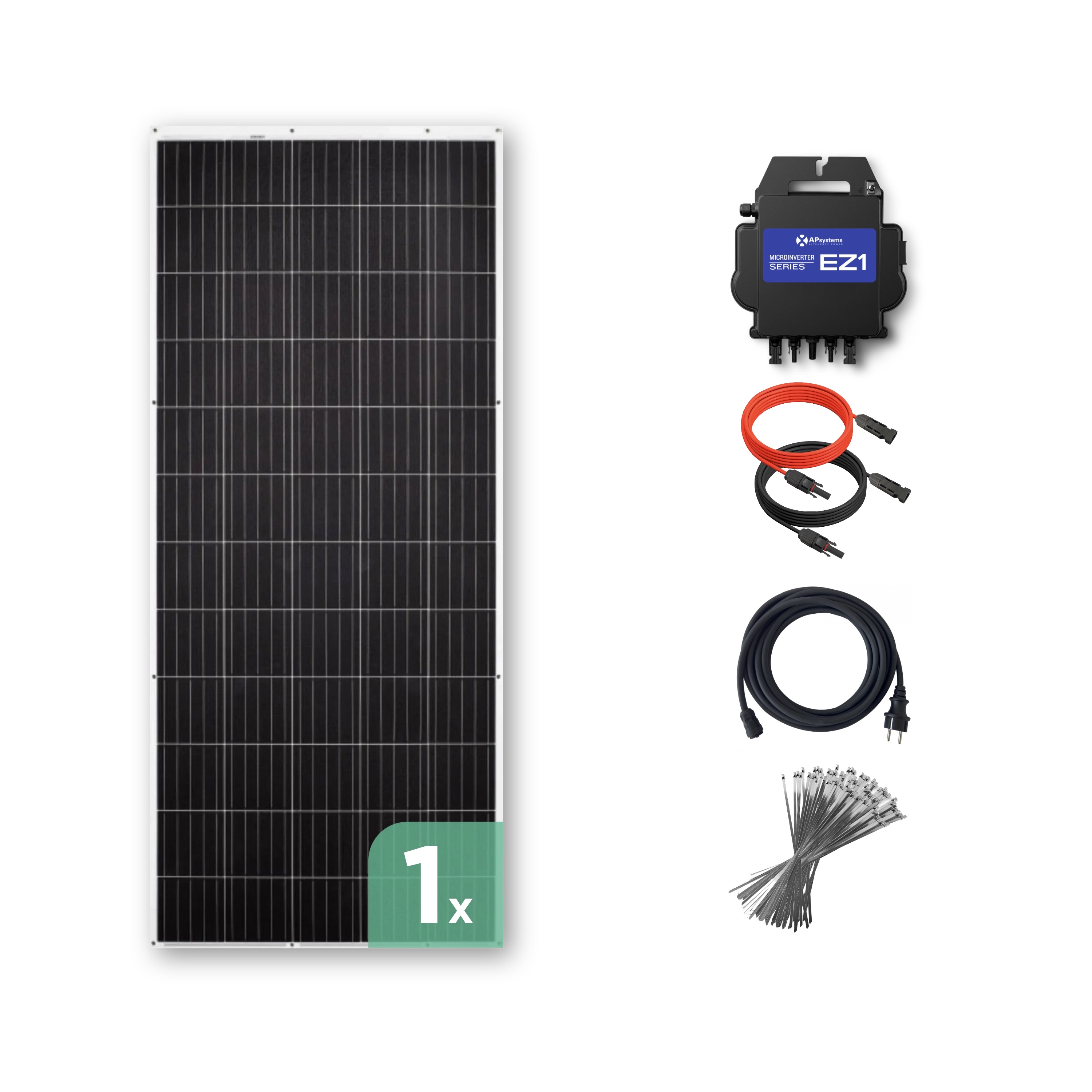 Balkonkraftwerk mit Ultraleicht-Modulen 310 Wp — APsystems EZ1-M 800 W / Sunman / 310 Wp (89 cm x 201 cm) / 1 Modul / 10 m Balkonkraftwerk mit Ultraleicht-Modulen 310 Wp — APsystems EZ1-M 800 W / Sunman / 310 Wp (89 cm x 201 cm) / 1 Modul / 10 m