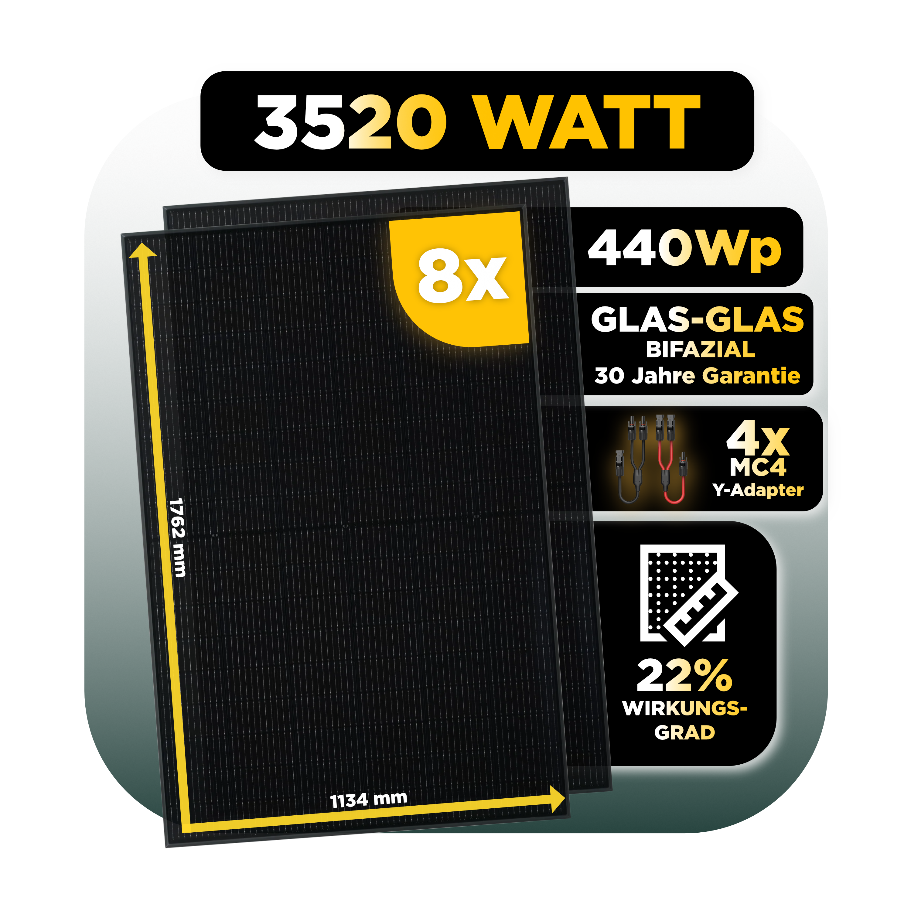 Sunlit Balkonkraftwerkspeicher — 6.450 Wh / 8 x Trina 440 Wp Bifazial Sunlit Balkonkraftwerkspeicher — 8.600 Wh / mit IR Lesekopf (bitshake) / 2000 W (Deye-SUN-M) / 20 m Schuko Kabel / 8 x Trina 440 Wp Bifazial