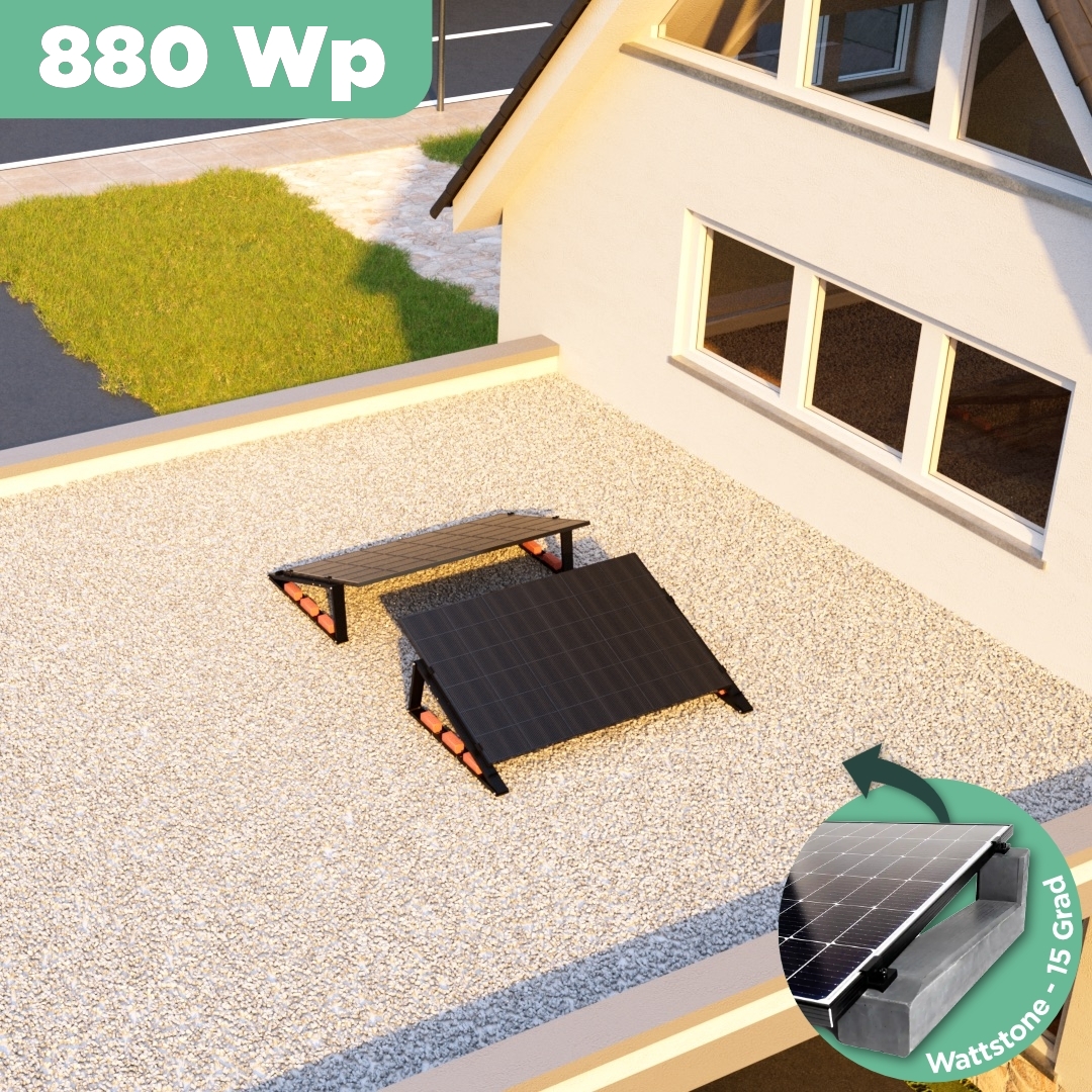 Balkonkraftwerk Flachdach 880 Wp — APsystems EZ1-M 800 W / Trina Solar / 440 Wp (Glas-Glas + Bifazial) / Premium - Wattstone Black 15°  / zwei Reihen quer / 2 Module Balkonkraftwerk Flachdach 880 Wp — APsystems EZ1-M 800 W / Trina Solar / 440 Wp (Glas-Glas + Bifazial) / Premium - Wattstone Black 15°  / zwei Reihen quer / 2 Module / 20 m