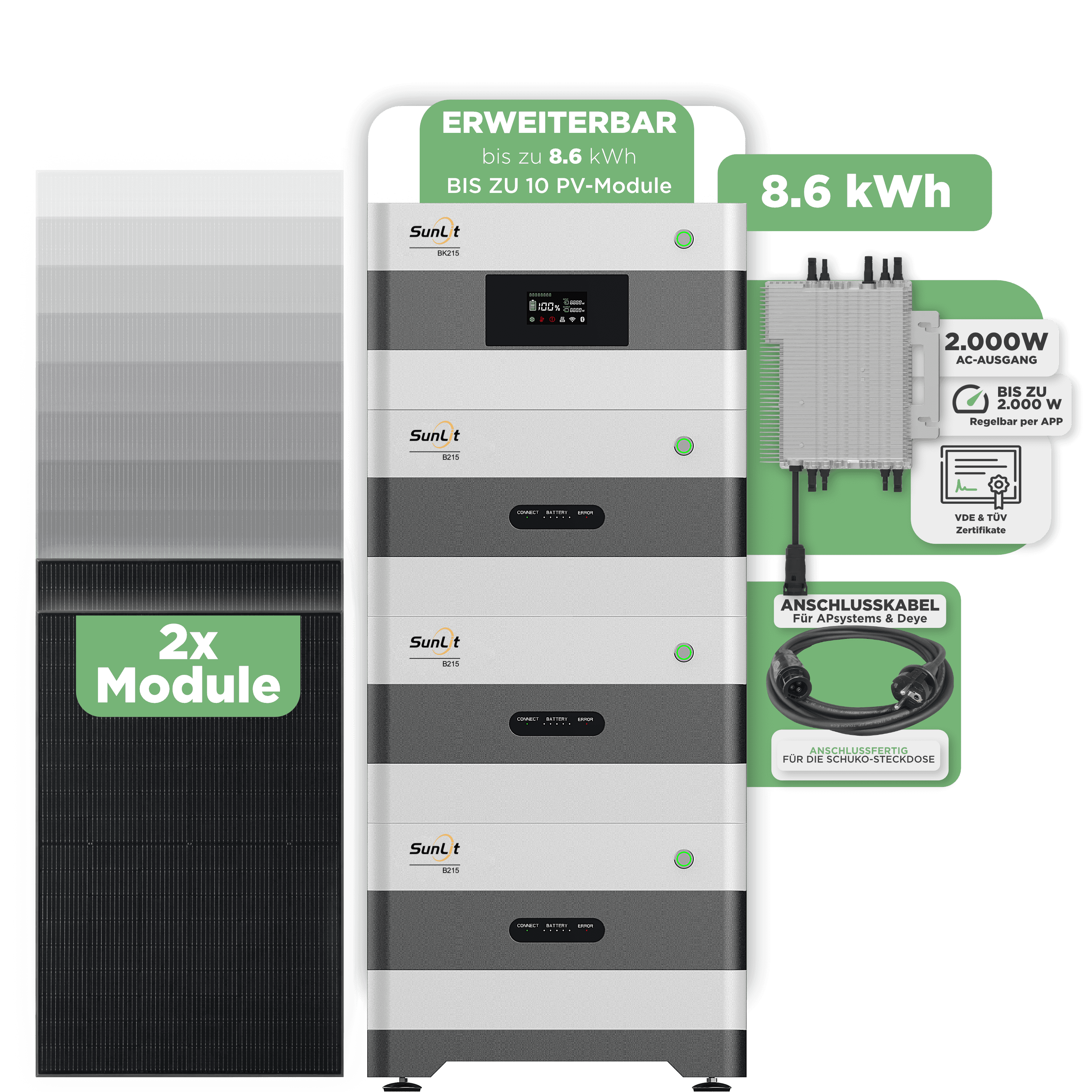 Sunlit Balkonkraftwerkspeicher — 8.600 Wh / 2000 W (Deye-SUN-M) / 5 m Schuko Kabel / 2 x Trina 440 Wp Bifazial Sunlit Balkonkraftwerkspeicher — 8.600 Wh / 2000 W (Deye-SUN-M) / 20 m Schuko Kabel / 2 x Trina 440 Wp Bifazial