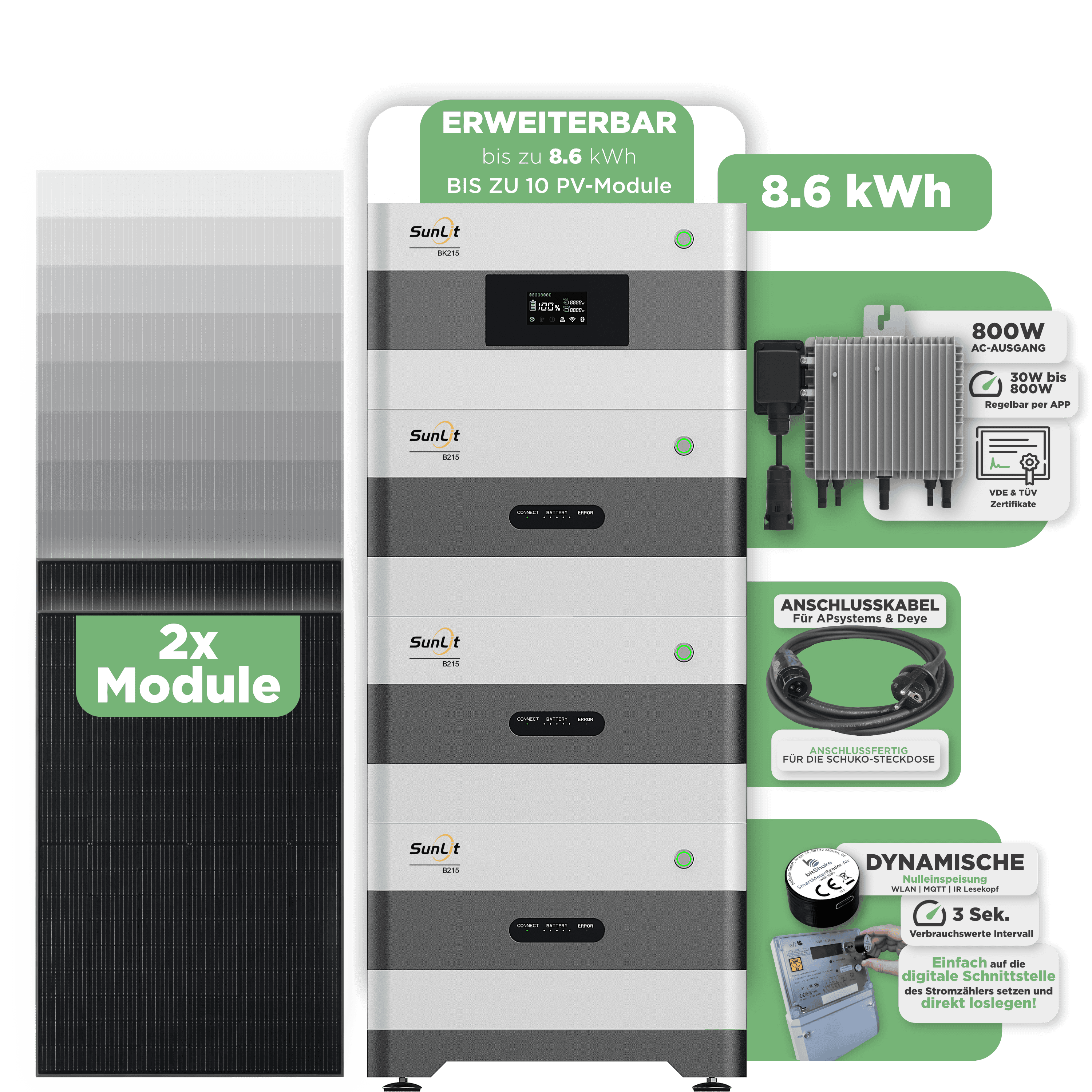Sunlit Balkonkraftwerkspeicher — 8.600 Wh / mit IR Lesekopf (bitshake) / 800 W (Deye-SUN-M) / 5 m Schuko Kabel / 2 x Trina 440 Wp Bifazial Sunlit Balkonkraftwerkspeicher — 8.600 Wh / mit IR Lesekopf (bitshake) / 800 W (Deye-SUN-M) / 20 m Schuko Kabel / 2 x Trina 440 Wp Bifazial