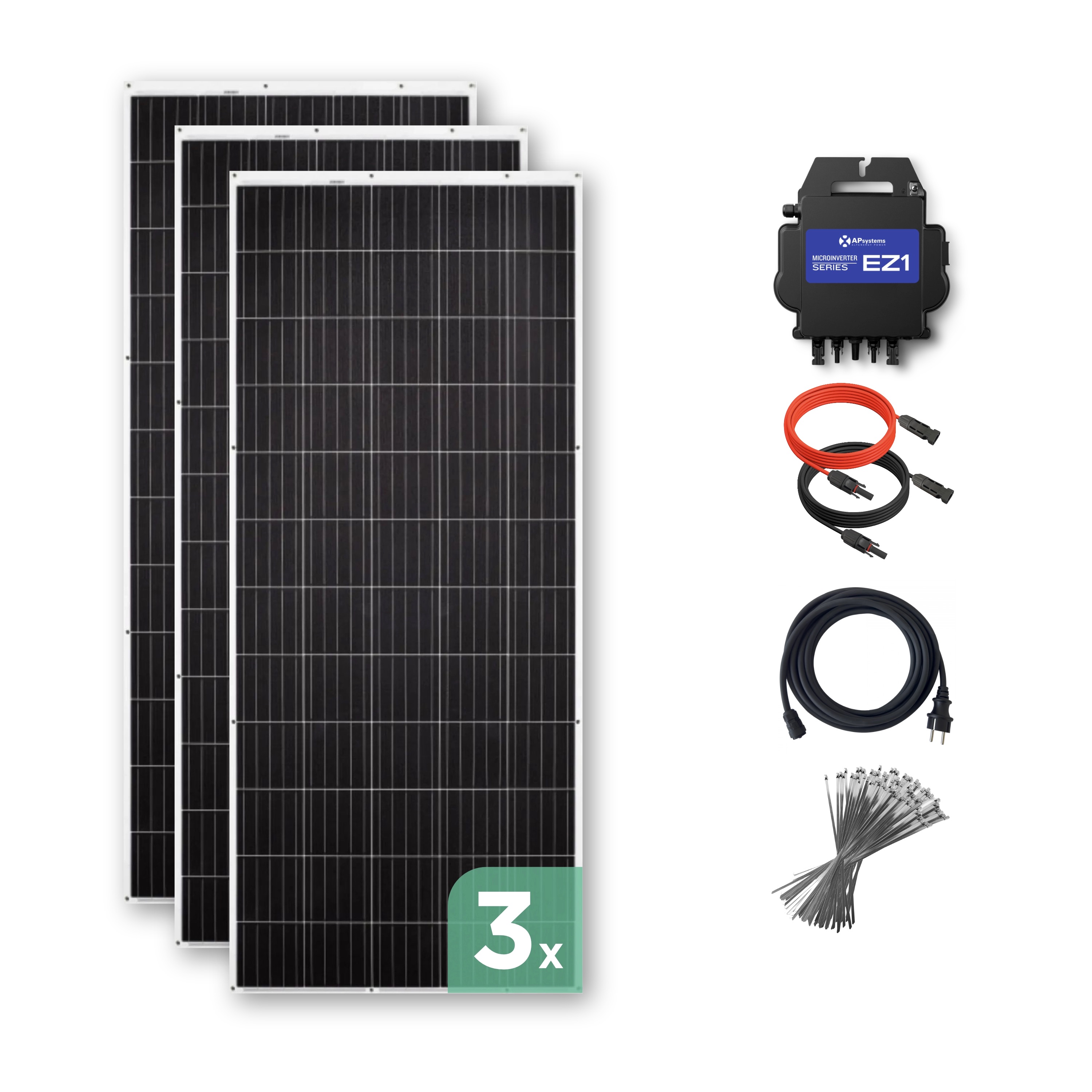 Balkonkraftwerk mit Ultraleicht-Modulen 930 Wp — APsystems EZ1-M 800 W / Sunman / 310 Wp (89 cm x 201 cm) / 3 Module / 20 m Balkonkraftwerk mit Ultraleicht-Modulen 930 Wp — APsystems EZ1-M 800 W / Sunman / 310 Wp (89 cm x 201 cm) / 3 Module / 20 m