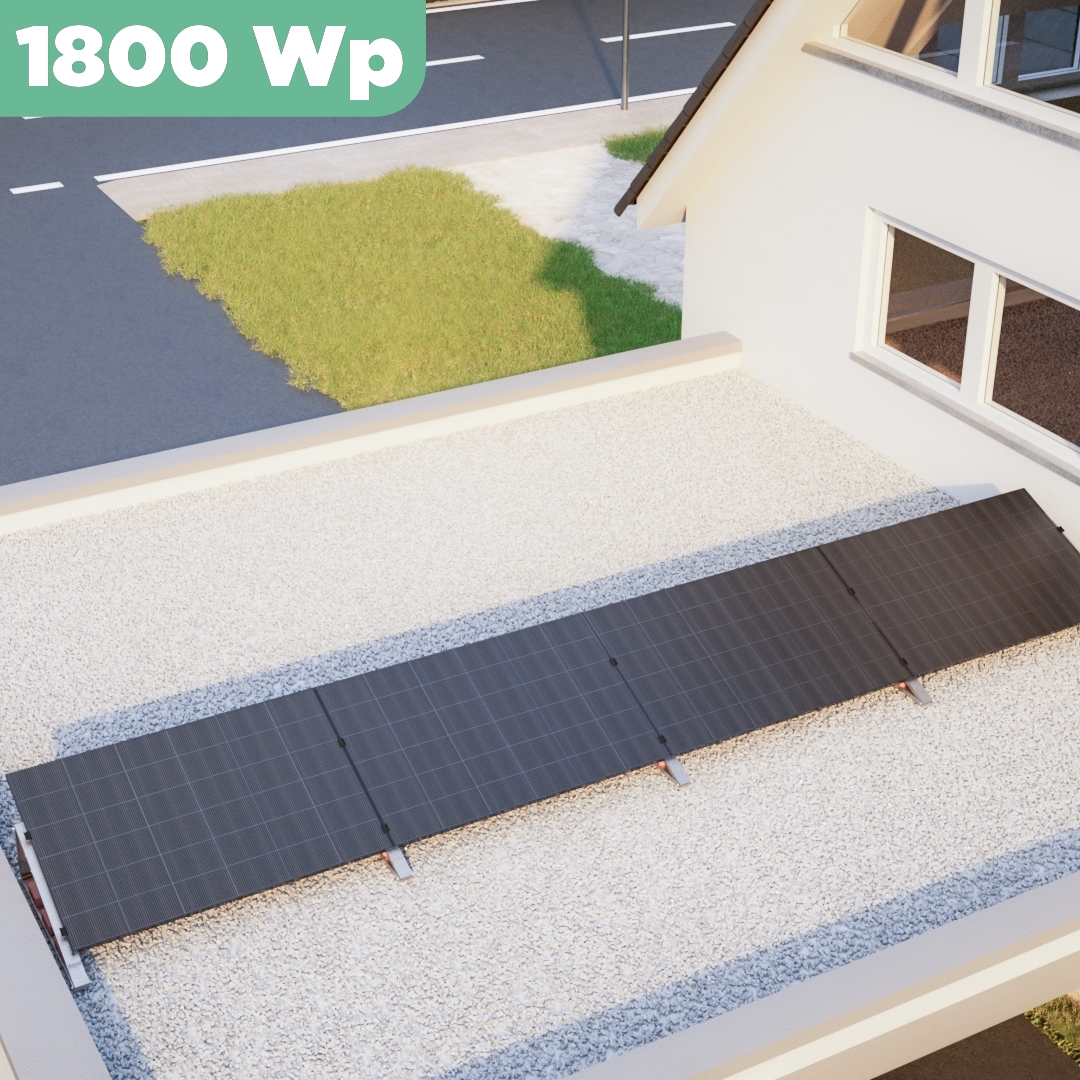 Balkonkraftwerk Flachdach 1800 Wp — APsystems EZ1-M 800 W / Trina Solar / 450 Wp (Glas-Glas Full Black) / Standard / eine Reihe quer / 4 Module Balkonkraftwerk Flachdach 1800 Wp — APsystems EZ1-M 800 W / Trina Solar / 450 Wp (Glas-Glas Full Black) / Standard / eine Reihe quer / 4 Module / 20 m