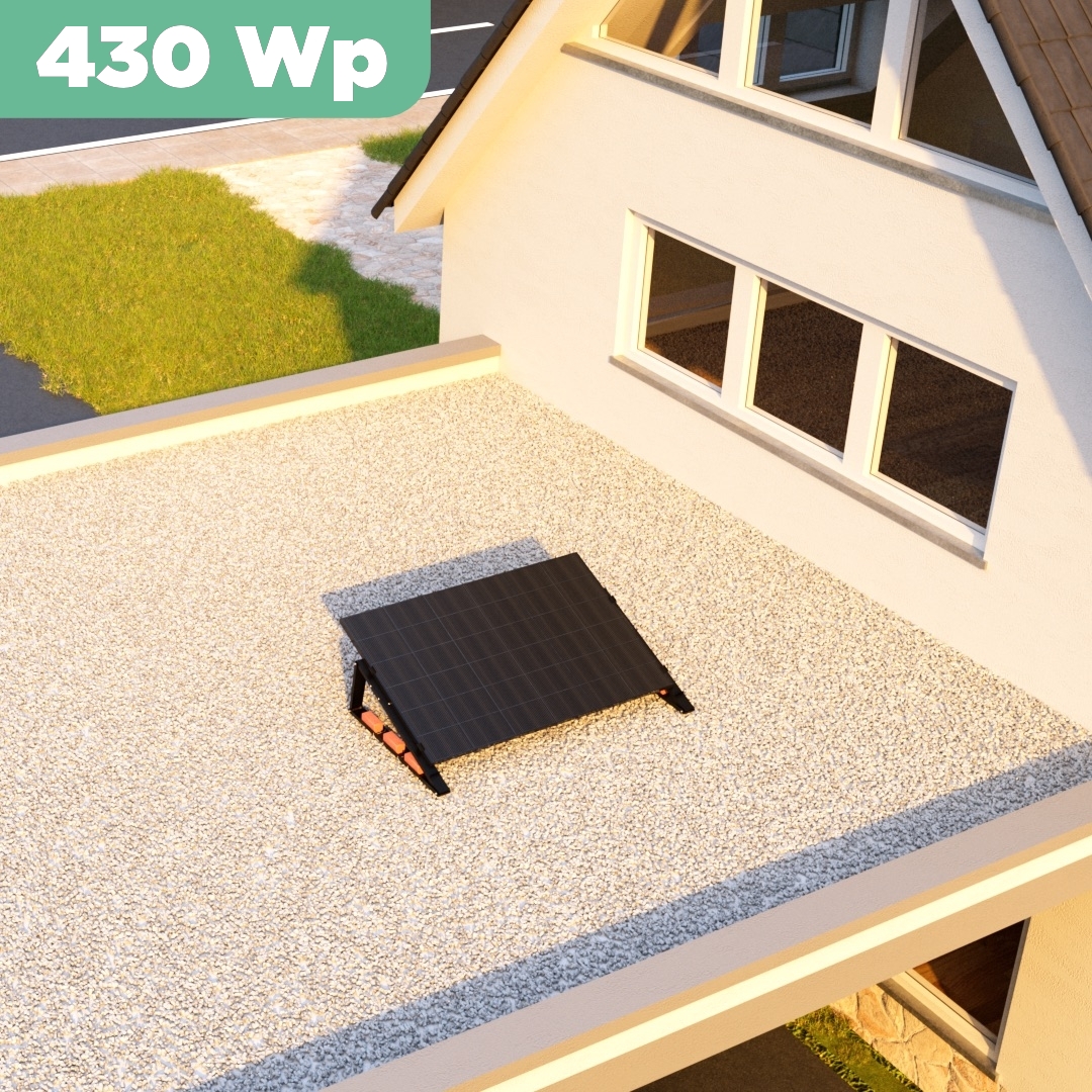 Balkonkraftwerk Flachdach 430 Wp — APsystems EZ1-M 800 W / Trina Solar / 430 Wp (Glas-Glas + Bifazial) / Black Line / eine Reihe quer / 1 Modul