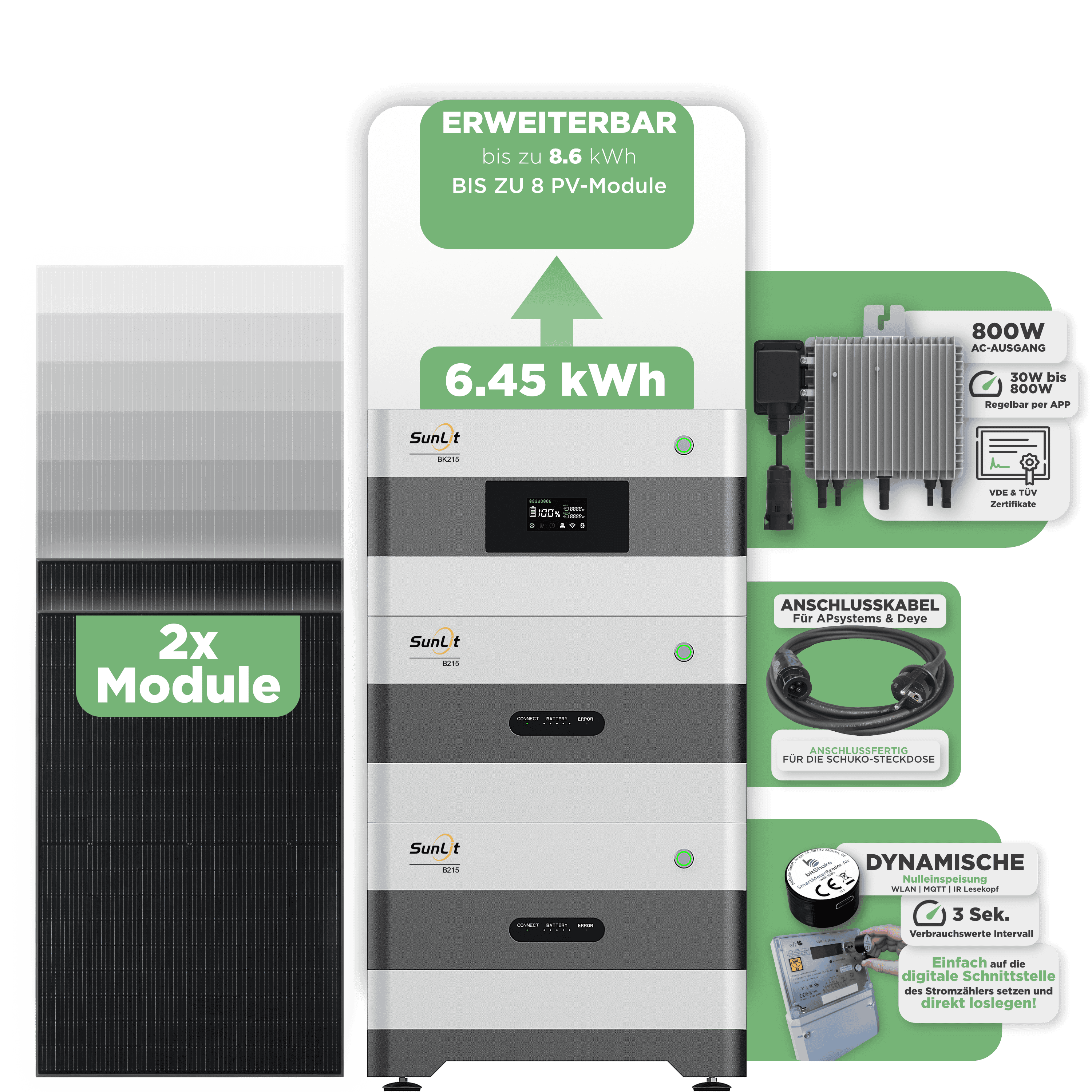 Sunlit Balkonkraftwerkspeicher — 6.450 Wh / mit IR Lesekopf (bitshake) / 800 W (Deye-SUN-M) / 20 m Schuko Kabel / 2 x Trina 440 Wp Bifazial