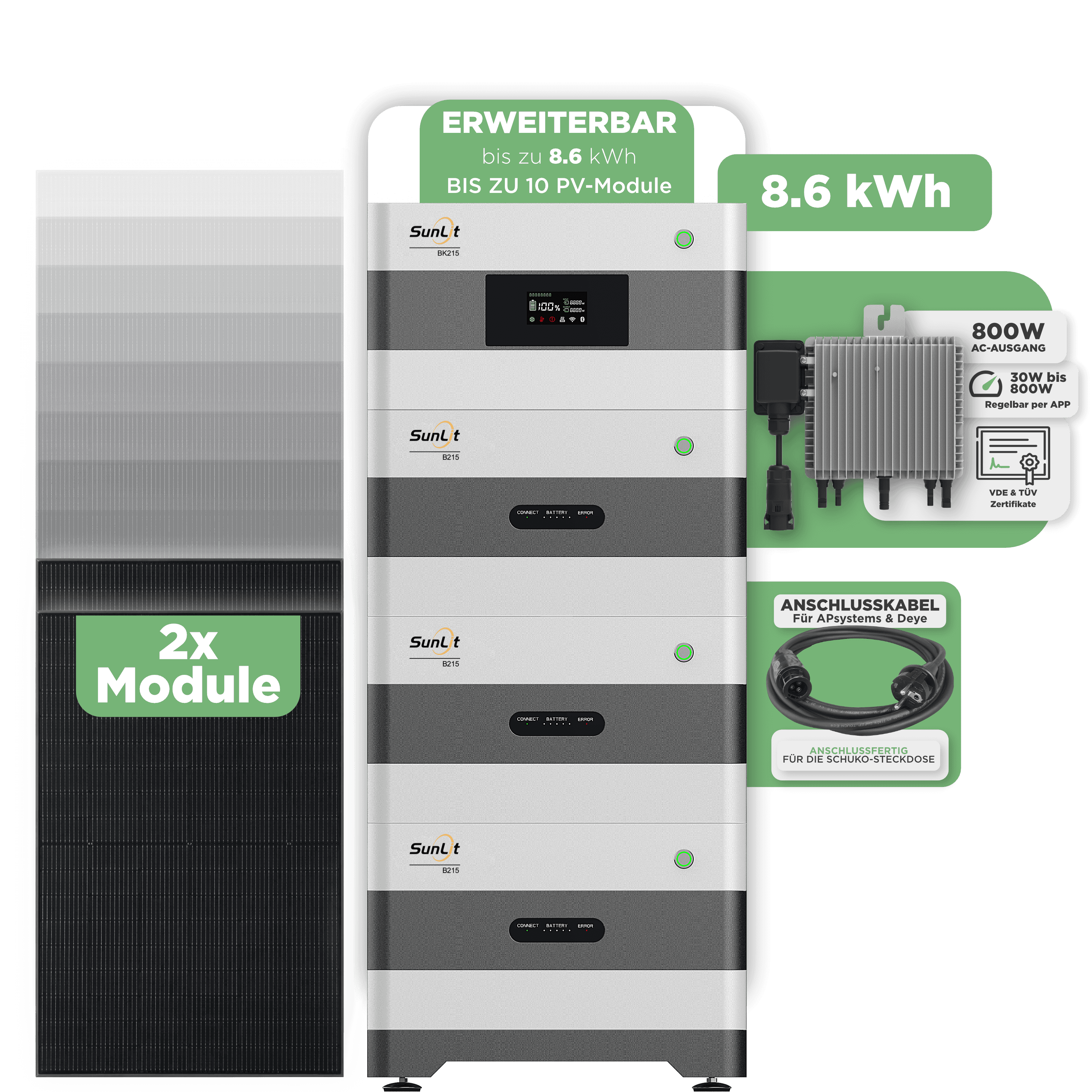 Sunlit Balkonkraftwerkspeicher — 8.600 Wh / 800 W (Deye-SUN-M) / 15 m Schuko Kabel / 2 x Trina 435 Wp Bifazial